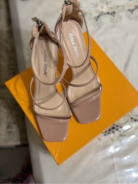 Women's Nude Patent Strappy Block Heel Sandals